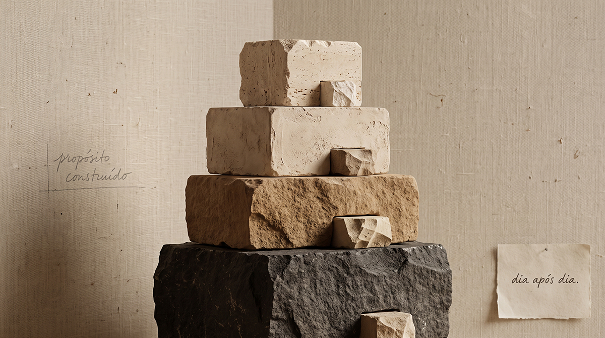 Uma pilha de quatro blocos de pedra, cada um de textura e cor diferente, empilhados como se fossem construídos um sobre o outro