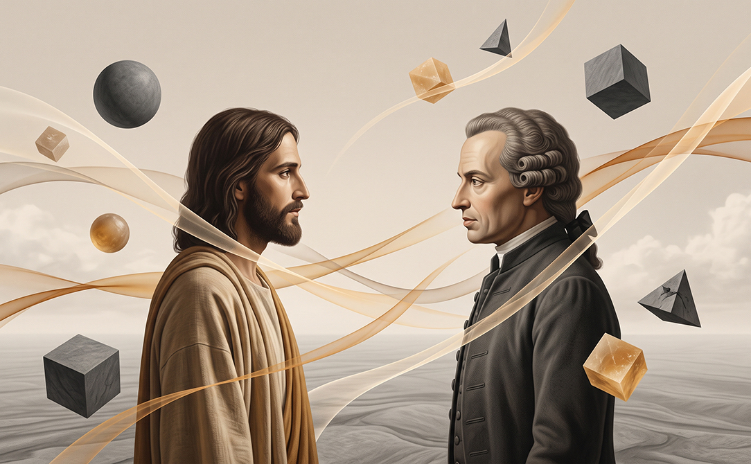 Jesus e Kant, em perfil, frente a frente, sobre um fundo de praia com formas geométricas douradas suspensas no ar