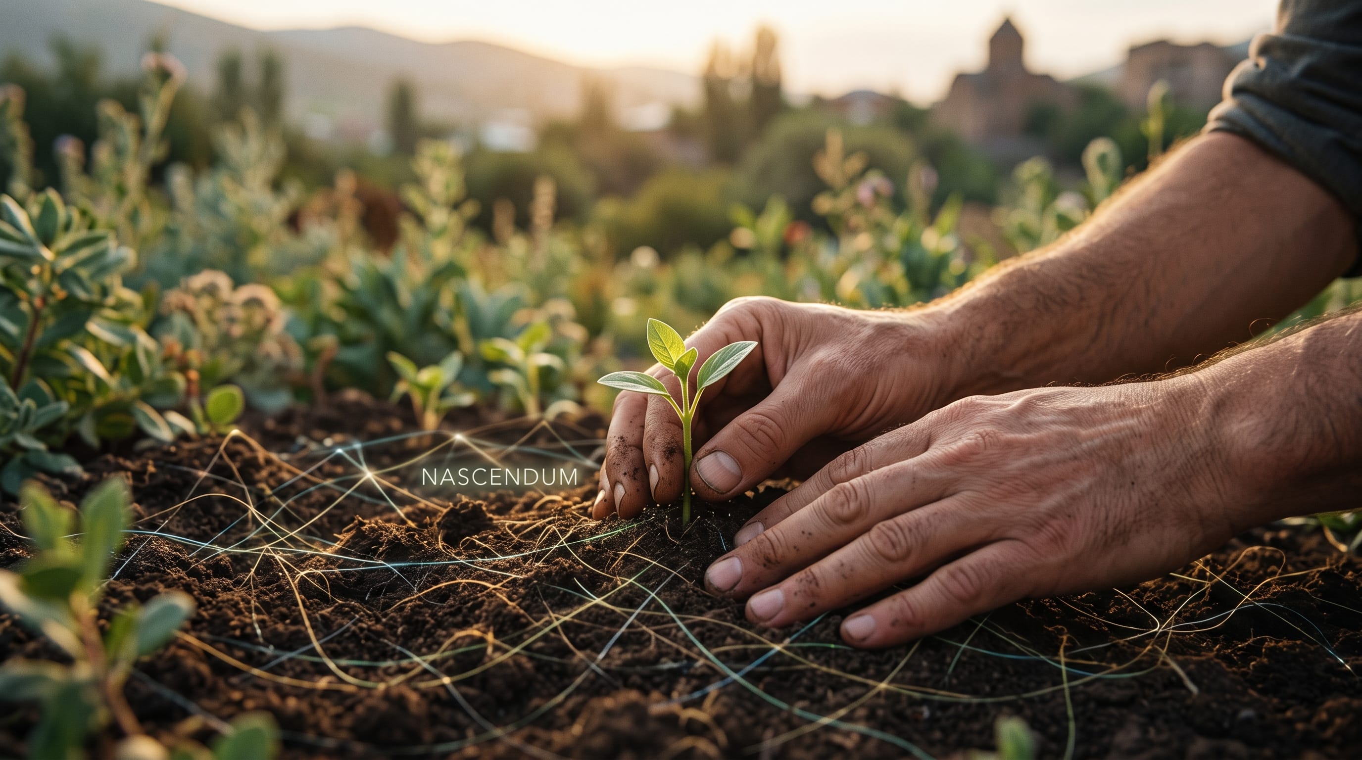 Duas mãos a plantar um pequeno rebento em terra fértil, ao amanhecer, com uma linha de horizonte de campo e cidade ao fundo