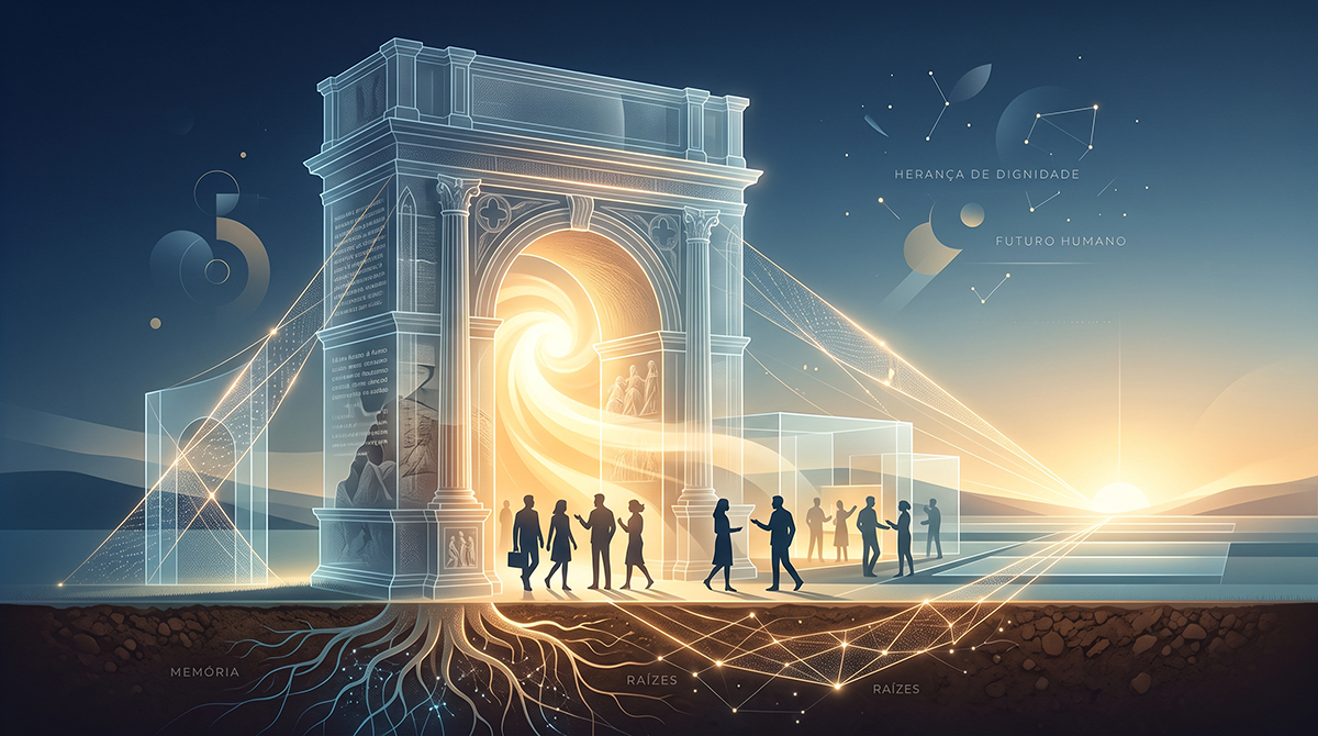 Um arco monumental transparente e luminoso, com pessoas a atravessá-lo e raízes de luz a emergir do solo por baixo delas, sob as palavras Herança de Dignidade e Futuro Humano