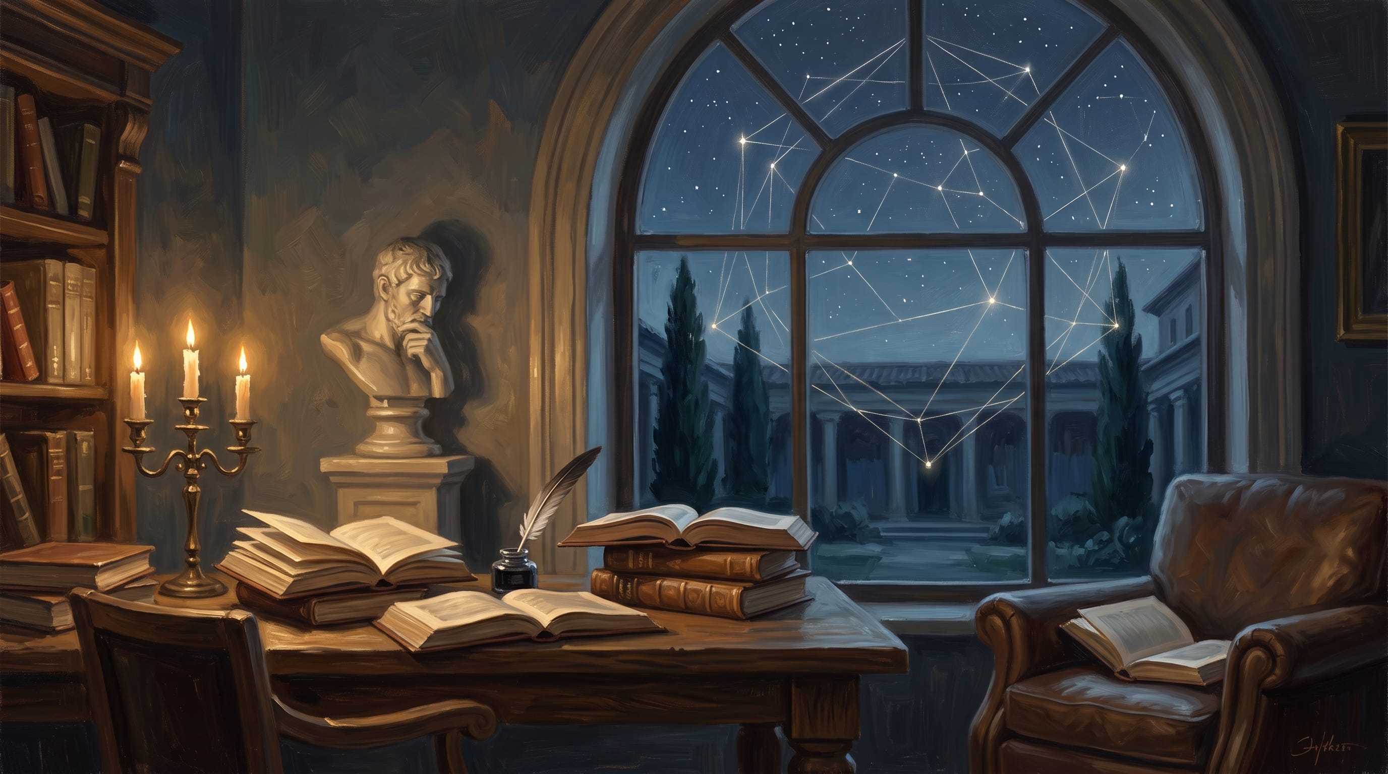 Um escritório antigo, iluminado a velas, com livros abertos numa secretária de madeira, um busto clássico e uma grande janela em arco onde as estrelas se ligam por linhas, formando constelações