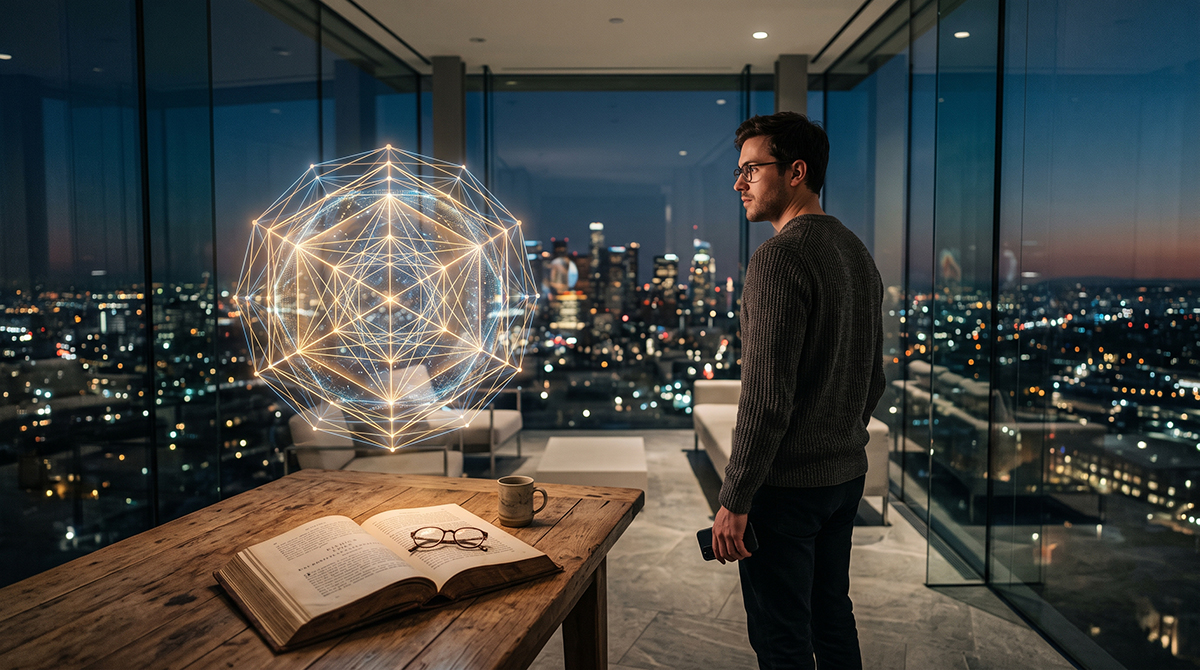 Um homem junto a uma mesa com um livro antigo aberto, uns óculos e uma chávena de café, observando uma esfera geométrica luminosa suspensa diante de uma cidade iluminada ao anoitecer