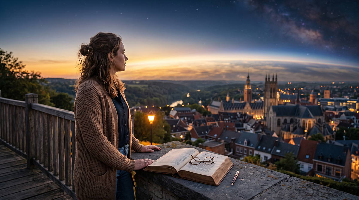 Uma mulher observa, de uma varanda ao entardecer, uma cidade antiga com uma catedral iluminada, junto a um livro aberto e uns óculos pousados na balaustrada, sob um céu estrelado