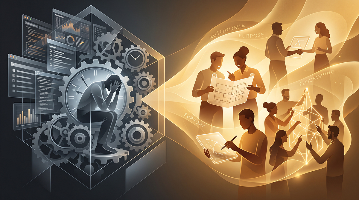 Do lado esquerdo, uma pessoa exausta e curvada, rodeada de engrenagens cinzentas e ecrãs de dados; do lado direito, um grupo diverso de pessoas a colaborar em luz dourada, sob as palavras Autonomia, Propósito, Apoio e Flourishing